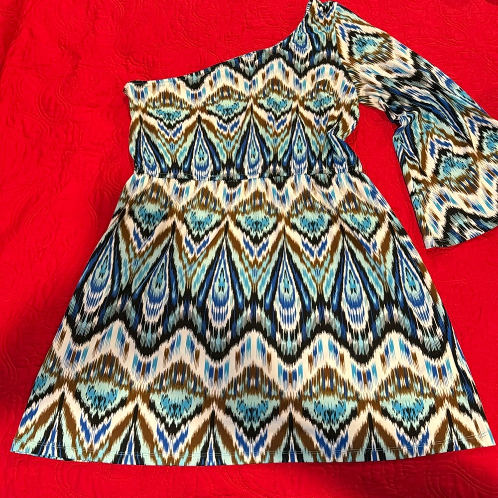 Boston Proper One Shoulder Dress - Blue and Brown Pattern